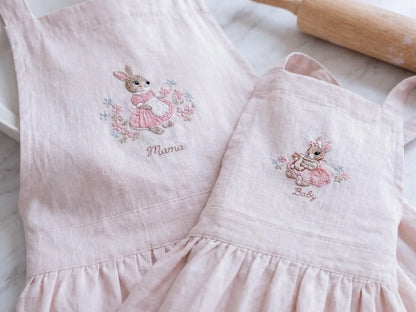 Personalized Mommy and Me Aprons, Matching Mom and Kids Linen Apron Set, Hand Embroidered Bunny Rabbit, Custom Name Mother Daughter Keepsake