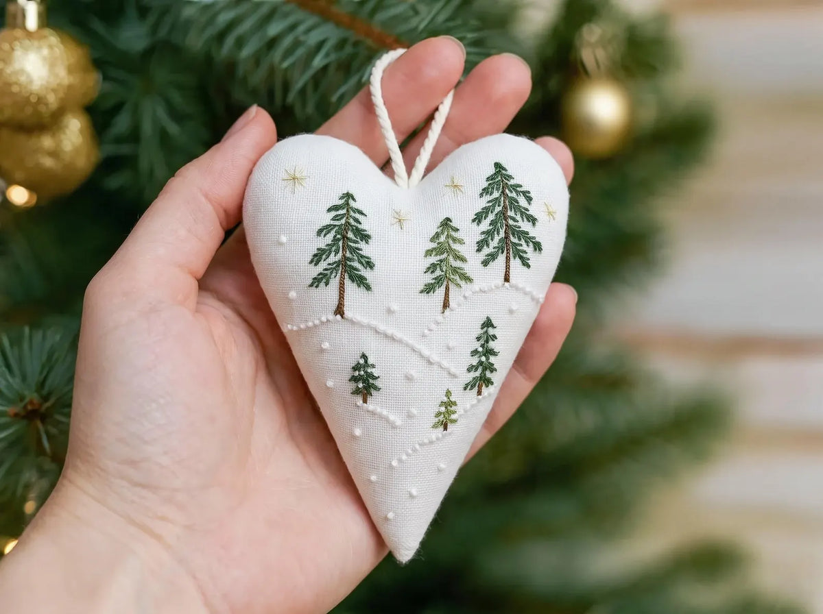 Heart Christmas Ornament, Hand Embroidered Snowy Pine Tree Landscape, Rustic Linen Christmas Decor, Christmas Keepsake Gift, Farmhouse Decor