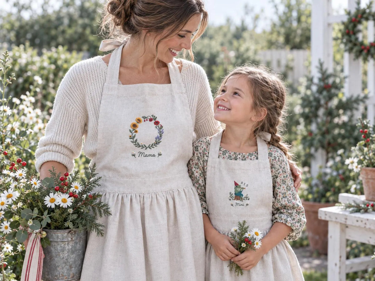 Personalized Mommy and Me Aprons, Matching Mom and Kids Linen Apron Set, Hand Embroidered Wildflower Wreath & Frog, Custom Name Family Gifts