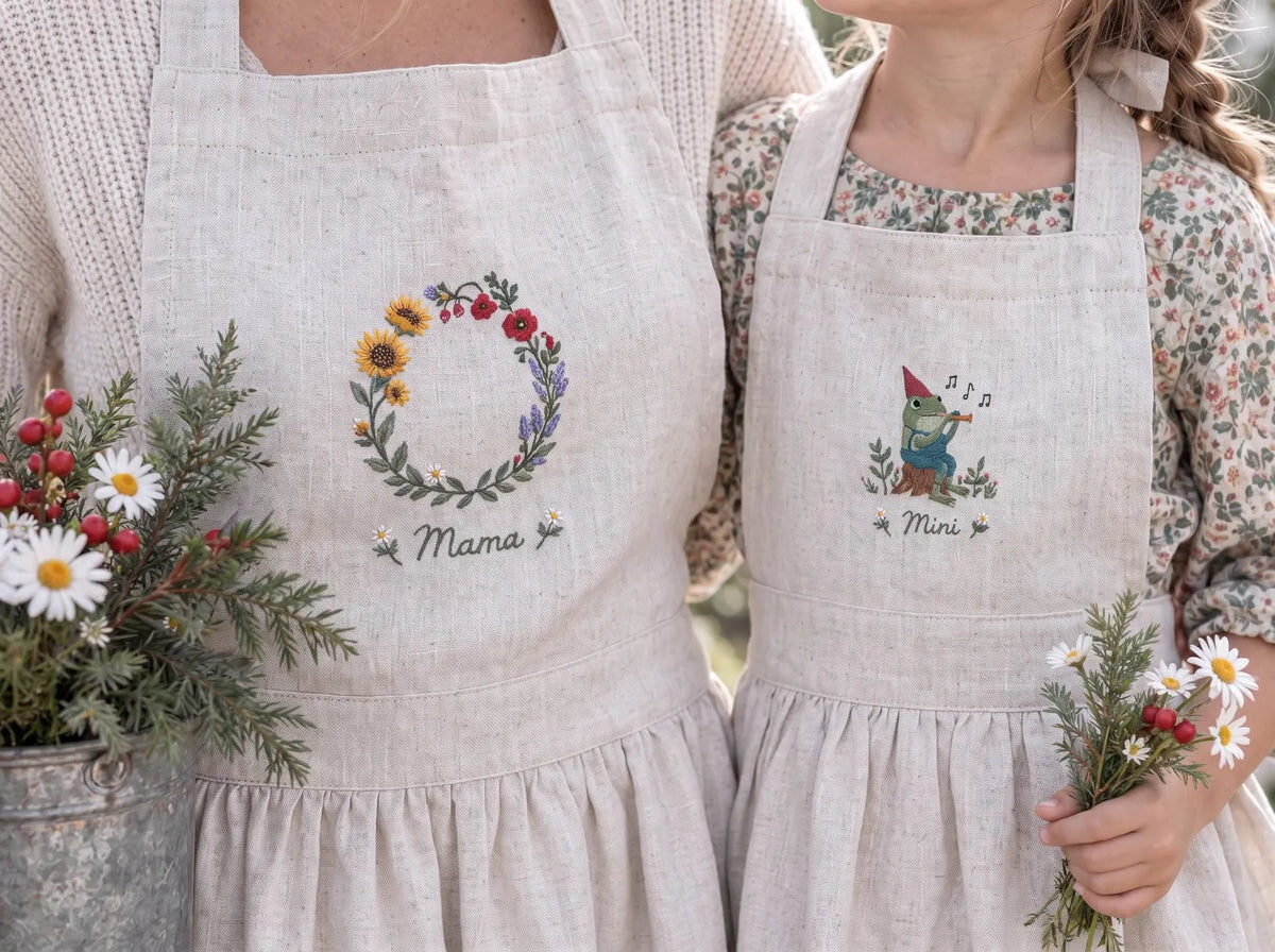 Personalized Mommy and Me Aprons, Matching Mom and Kids Linen Apron Set, Hand Embroidered Wildflower Wreath & Frog, Custom Name Family Gifts