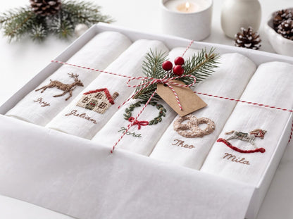 Personalized Christmas Napkins Set of 5, Hand Embroidered Reindeer, House, Wreath, Pretzel & Rocking Horse, Custom Name Linen Holiday Decor