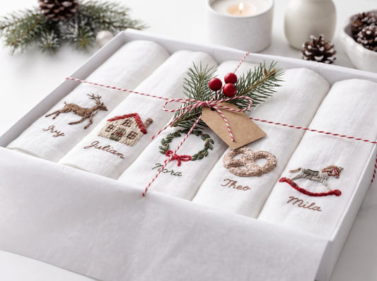 Personalized Christmas Napkins Set of 5, Hand Embroidered Reindeer, House, Wreath, Pretzel & Rocking Horse, Custom Name Linen Holiday Decor