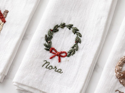 Personalized Christmas Napkins Set of 5, Hand Embroidered Reindeer, House, Wreath, Pretzel & Rocking Horse, Custom Name Linen Holiday Decor