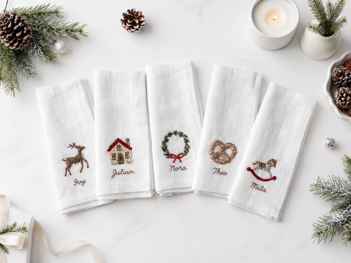 Personalized Christmas Napkins Set of 5, Hand Embroidered Reindeer, House, Wreath, Pretzel & Rocking Horse, Custom Name Linen Holiday Decor