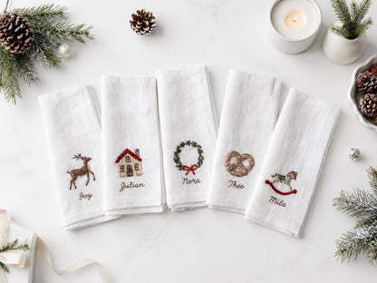 Personalized Christmas Napkins Set of 5, Hand Embroidered Reindeer, House, Wreath, Pretzel & Rocking Horse, Custom Name Linen Holiday Decor
