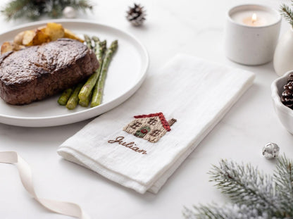 Personalized Christmas Napkins Set of 5, Hand Embroidered Reindeer, House, Wreath, Pretzel & Rocking Horse, Custom Name Linen Holiday Decor