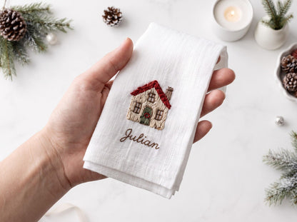 Personalized Christmas Napkins Set of 5, Hand Embroidered Reindeer, House, Wreath, Pretzel & Rocking Horse, Custom Name Linen Holiday Decor