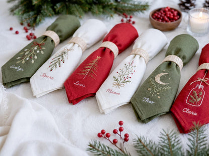 Personalized Christmas Napkins Set of 6, Hand Embroidered Mistletoe, Trees & Moon, Custom Names, Red Olive White Linen Holiday Table Decor