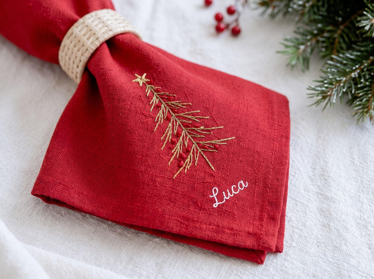Personalized Christmas Napkins Set of 6, Hand Embroidered Mistletoe, Trees & Moon, Custom Names, Red Olive White Linen Holiday Table Decor