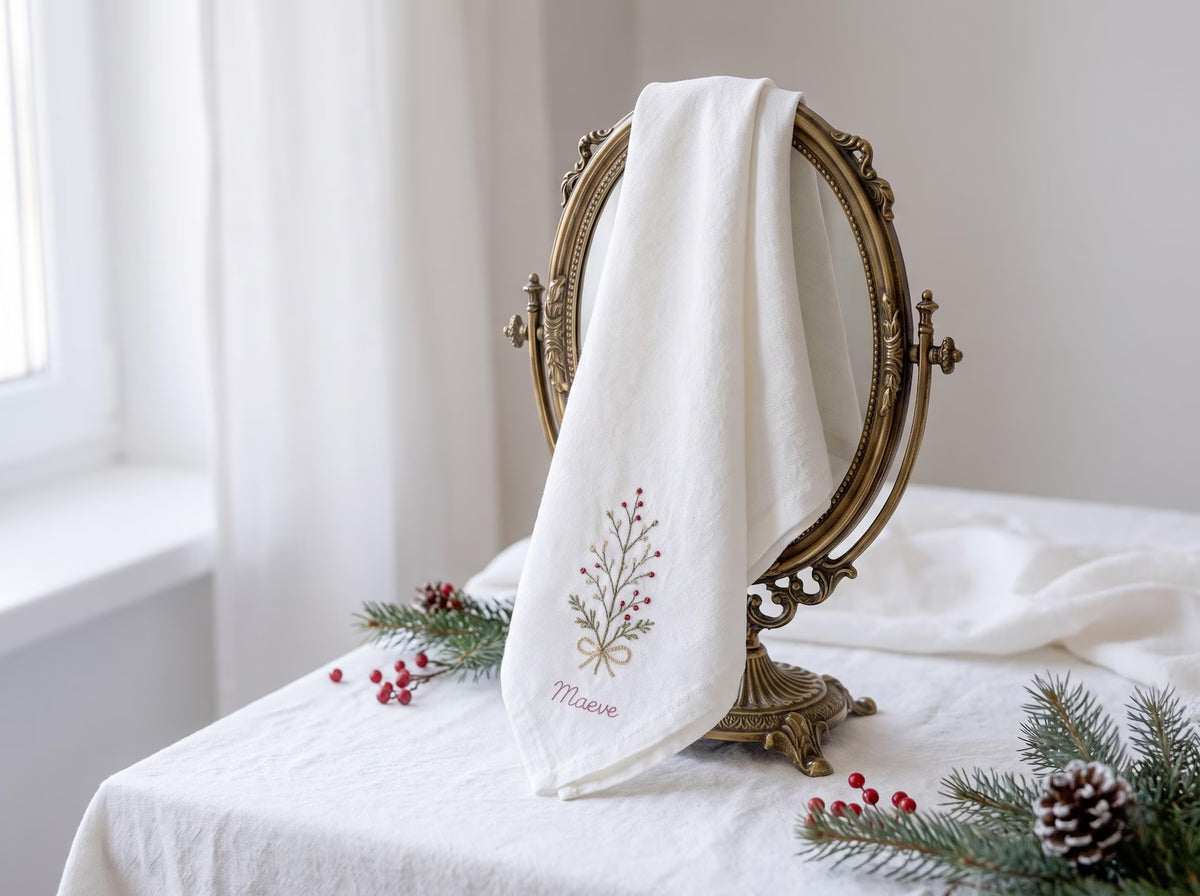 Personalized Christmas Napkins Set of 6, Hand Embroidered Mistletoe, Trees & Moon, Custom Names, Red Olive White Linen Holiday Table Decor