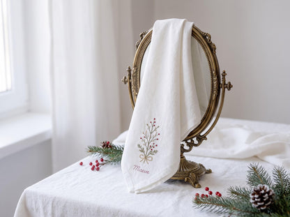 Personalized Christmas Napkins Set of 6, Hand Embroidered Mistletoe, Trees & Moon, Custom Names, Red Olive White Linen Holiday Table Decor
