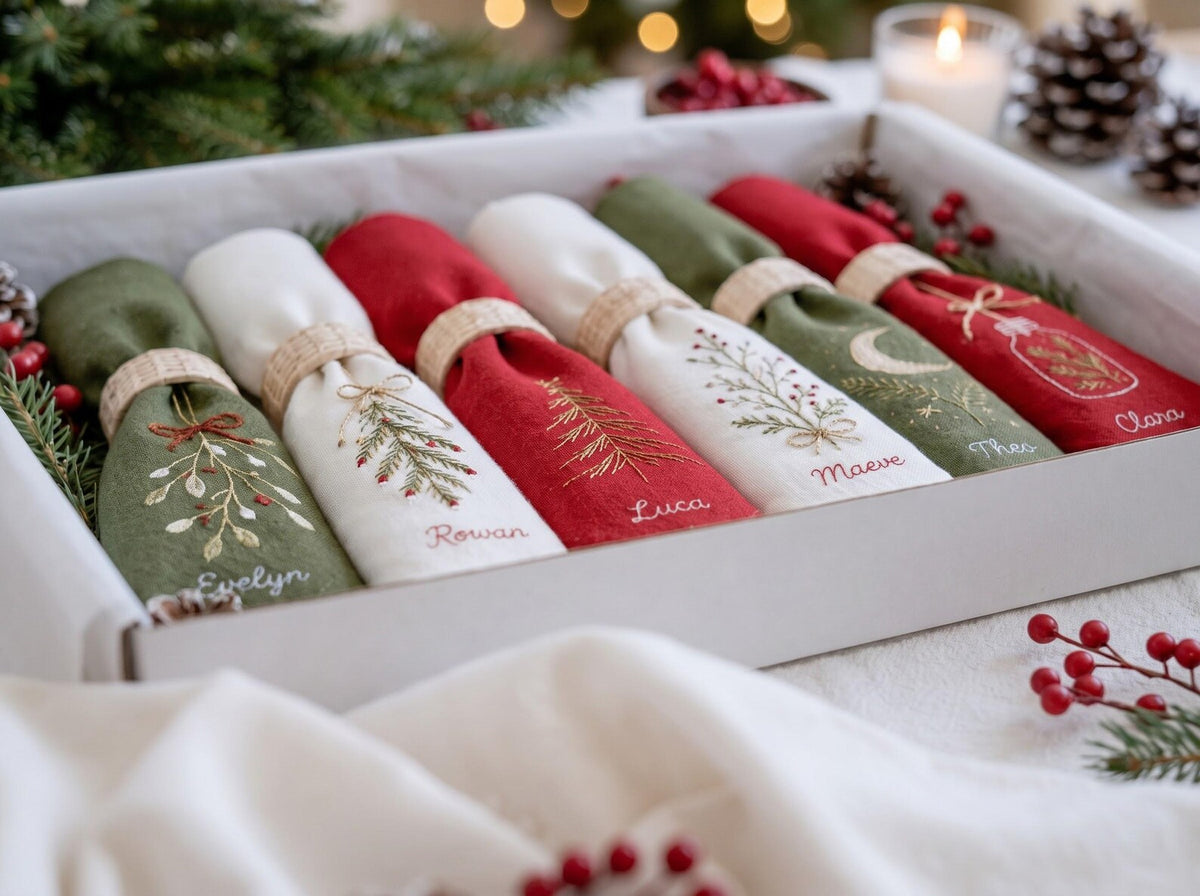 Personalized Christmas Napkins Set of 6, Hand Embroidered Mistletoe, Trees & Moon, Custom Names, Red Olive White Linen Holiday Table Decor