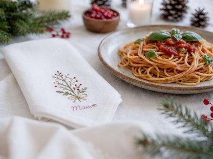 Personalized Christmas Napkins Set of 6, Hand Embroidered Mistletoe, Trees & Moon, Custom Names, Red Olive White Linen Holiday Table Decor