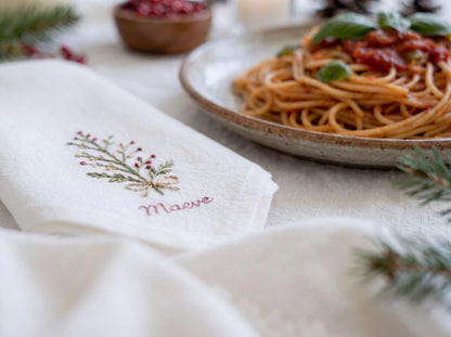 Personalized Christmas Napkins Set of 6, Hand Embroidered Mistletoe, Trees & Moon, Custom Names, Red Olive White Linen Holiday Table Decor