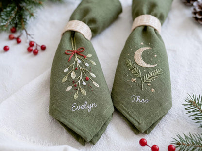 Personalized Christmas Napkins Set of 6, Hand Embroidered Mistletoe, Trees & Moon, Custom Names, Red Olive White Linen Holiday Table Decor