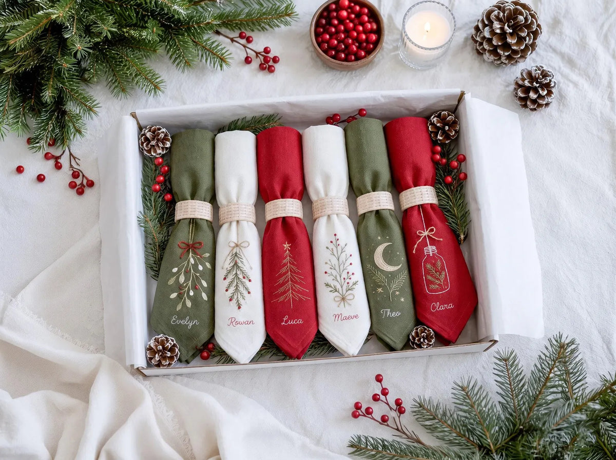 Personalized Christmas Napkins Set of 6, Hand Embroidered Mistletoe, Trees & Moon, Custom Names, Red Olive White Linen Holiday Table Decor