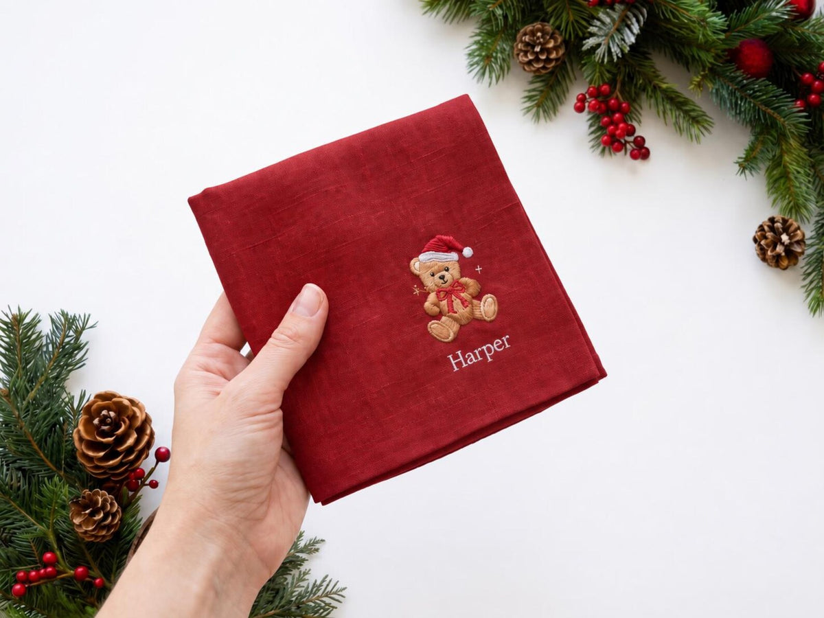 Personalized Christmas Napkins Set of 6, Hand Embroidered Mittens, Holly, Candy Cane, Gingerbread & Teddy Bear, Custom Name Linen Table Sets