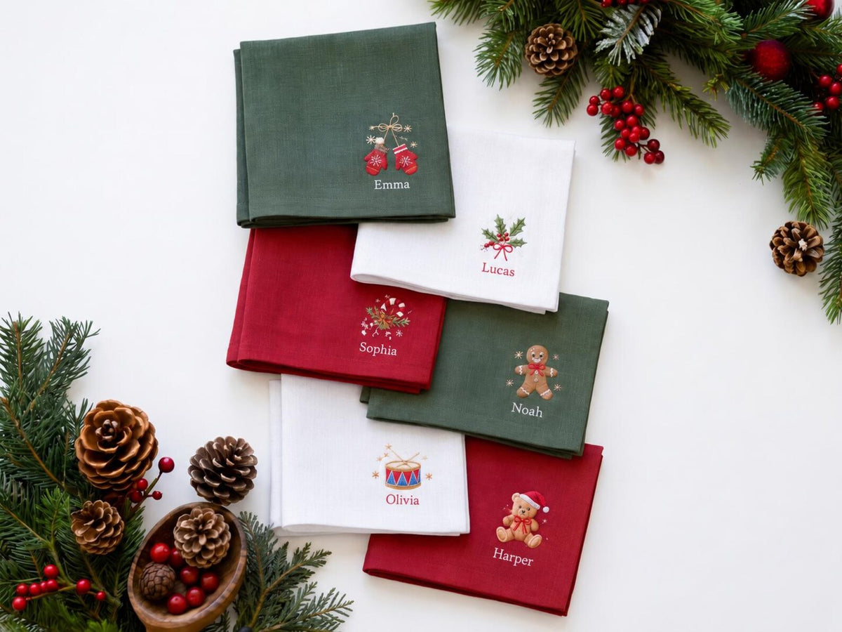 Personalized Christmas Napkins Set of 6, Hand Embroidered Mittens, Holly, Candy Cane, Gingerbread & Teddy Bear, Custom Name Linen Table Sets