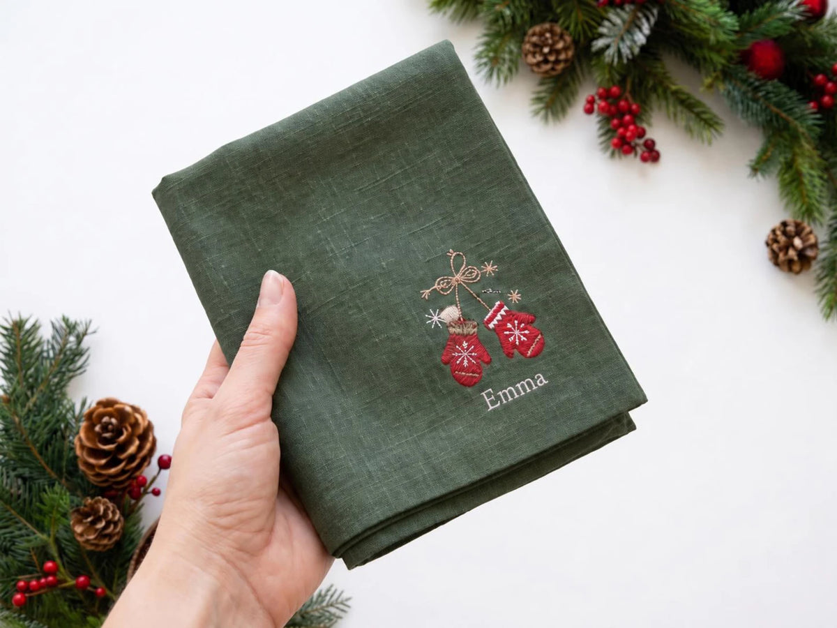 Personalized Christmas Napkins Set of 6, Hand Embroidered Mittens, Holly, Candy Cane, Gingerbread & Teddy Bear, Custom Name Linen Table Sets