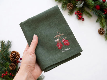 Personalized Christmas Napkins Set of 6, Hand Embroidered Mittens, Holly, Candy Cane, Gingerbread & Teddy Bear, Custom Name Linen Table Sets