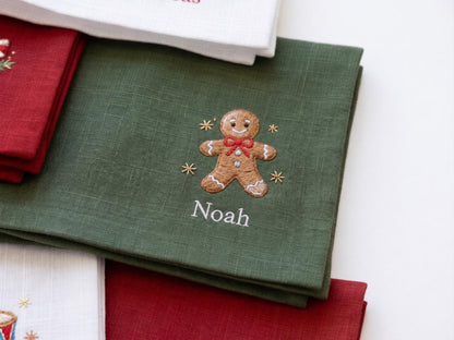 Personalized Christmas Napkins Set of 6, Hand Embroidered Mittens, Holly, Candy Cane, Gingerbread & Teddy Bear, Custom Name Linen Table Sets