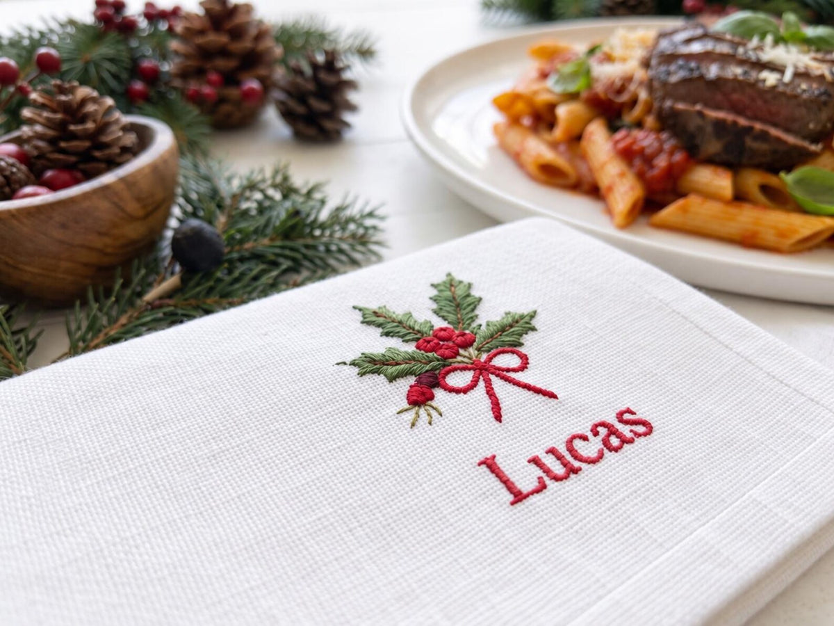 Personalized Christmas Napkins Set of 6, Hand Embroidered Mittens, Holly, Candy Cane, Gingerbread & Teddy Bear, Custom Name Linen Table Sets