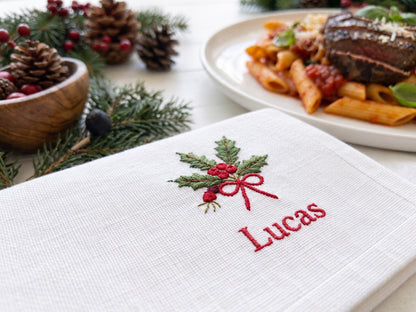 Personalized Christmas Napkins Set of 6, Hand Embroidered Mittens, Holly, Candy Cane, Gingerbread & Teddy Bear, Custom Name Linen Table Sets