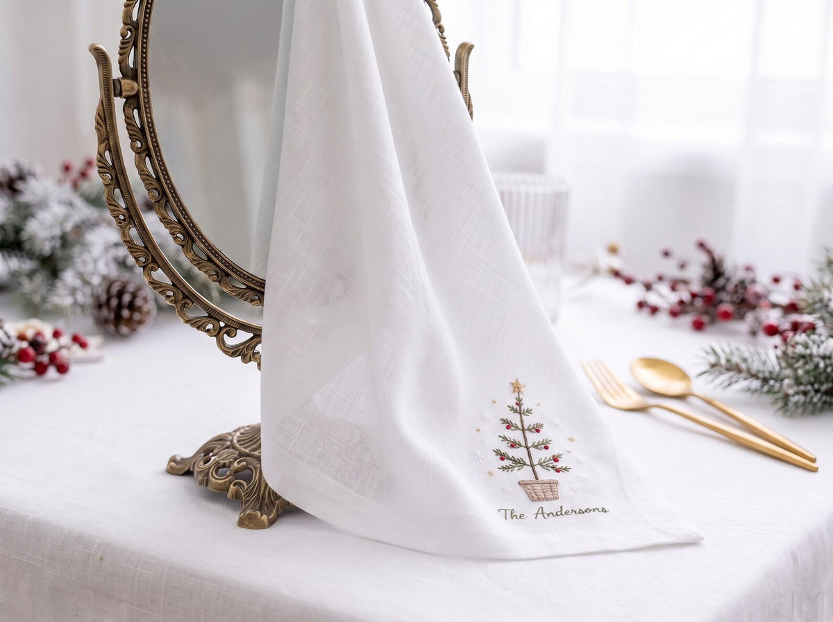 Personalized Christmas Napkins Set of 3, Hand Embroidered Stocking, Tree & Greenery, Custom Family Name Holiday Table Linens Red Green White