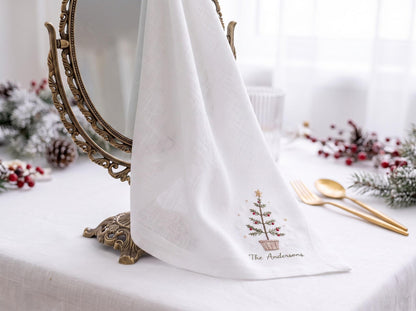 Personalized Christmas Napkins Set of 3, Hand Embroidered Stocking, Tree & Greenery, Custom Family Name Holiday Table Linens Red Green White