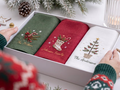 Personalized Christmas Napkins Set of 3, Hand Embroidered Stocking, Tree & Greenery, Custom Family Name Holiday Table Linens Red Green White