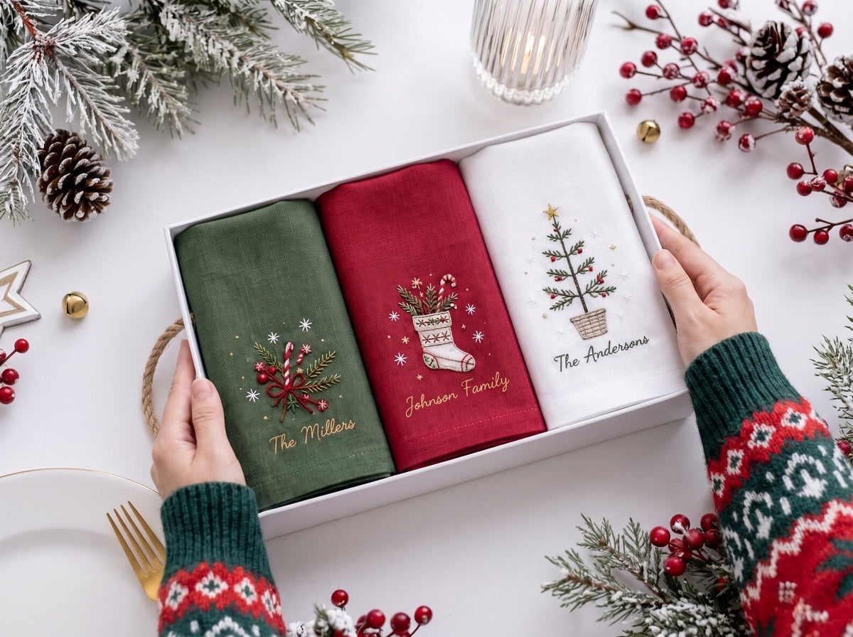 Personalized Christmas Napkins Set of 3, Hand Embroidered Stocking, Tree & Greenery, Custom Family Name Holiday Table Linens Red Green White
