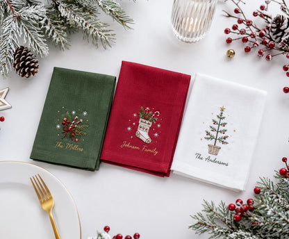 Personalized Christmas Napkins Set of 3, Hand Embroidered Stocking, Tree & Greenery, Custom Family Name Holiday Table Linens Red Green White