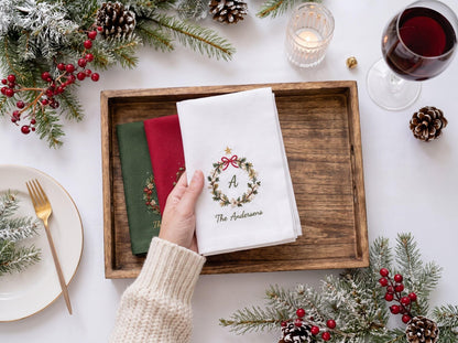 Personalized Christmas Napkins Set of 3, Hand Embroidered Wreaths, Custom Initials & Family Names, Red Green White Linen Holiday Table Decor