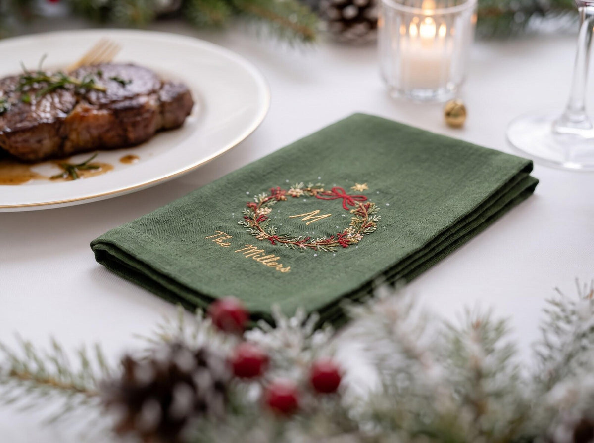 Personalized Christmas Napkins Set of 3, Hand Embroidered Wreaths, Custom Initials & Family Names, Red Green White Linen Holiday Table Decor