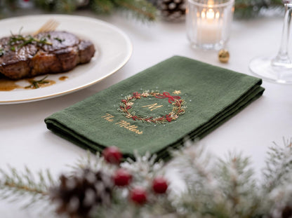 Personalized Christmas Napkins Set of 3, Hand Embroidered Wreaths, Custom Initials & Family Names, Red Green White Linen Holiday Table Decor