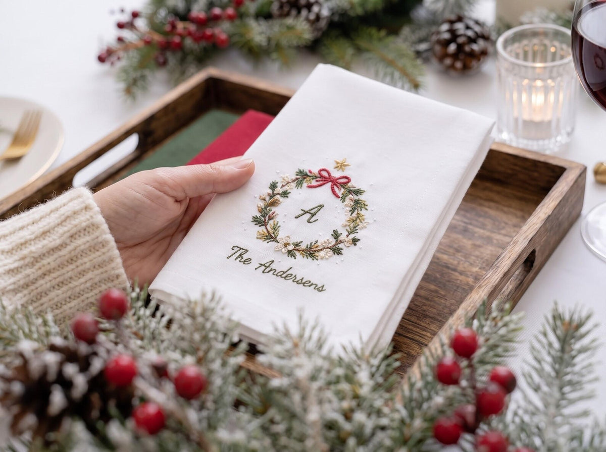 Personalized Christmas Napkins Set of 3, Hand Embroidered Wreaths, Custom Initials & Family Names, Red Green White Linen Holiday Table Decor