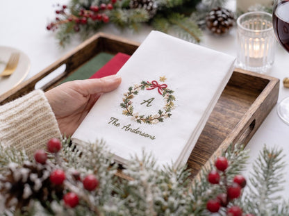 Personalized Christmas Napkins Set of 3, Hand Embroidered Wreaths, Custom Initials & Family Names, Red Green White Linen Holiday Table Decor