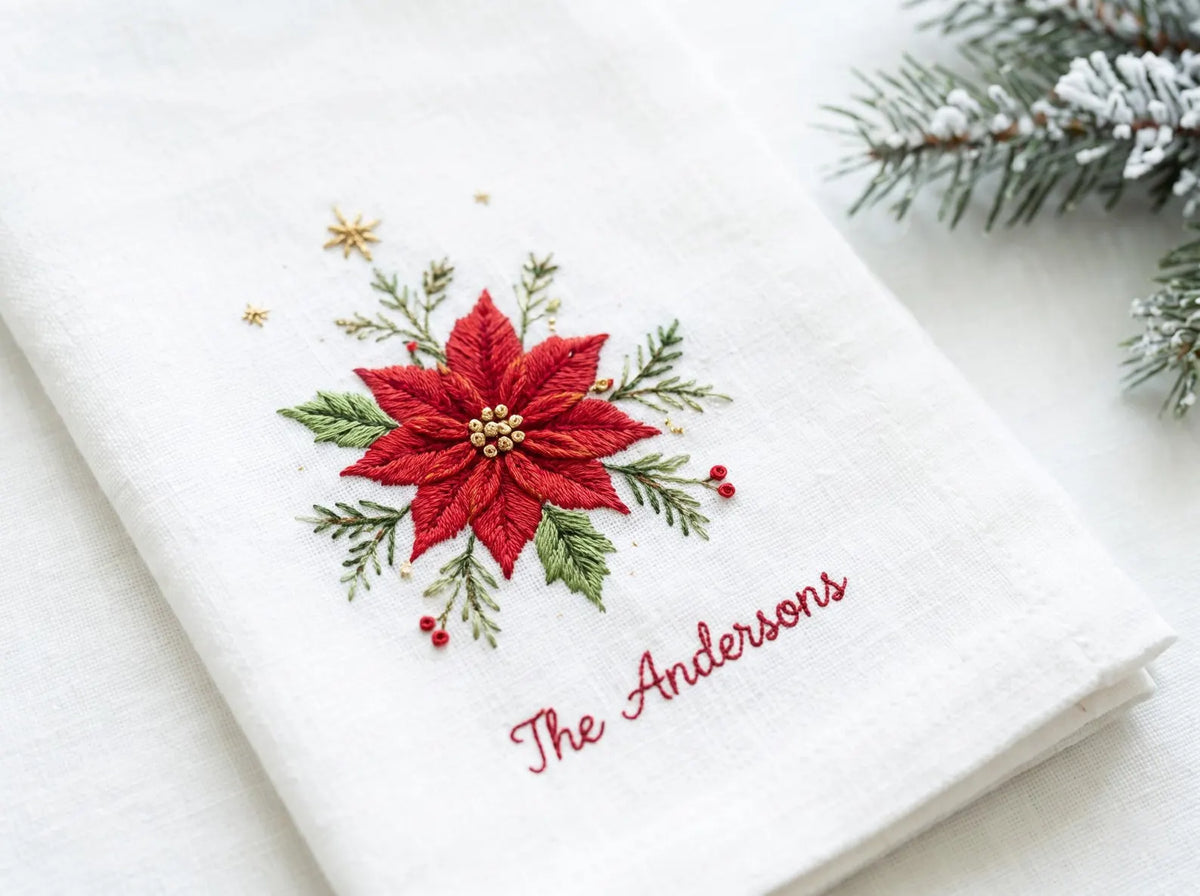 Personalized Christmas Napkins Set of 3, Hand Embroidered Wreath, Lantern & Poinsettia, Custom Family Name Red Green White Holiday Linen Set