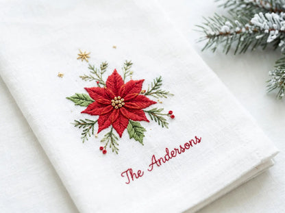Personalized Christmas Napkins Set of 3, Hand Embroidered Wreath, Lantern & Poinsettia, Custom Family Name Red Green White Holiday Linen Set