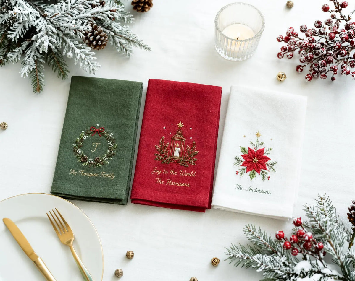 Personalized Christmas Napkins Set of 3, Hand Embroidered Wreath, Lantern & Poinsettia, Custom Family Name Red Green White Holiday Linen Set
