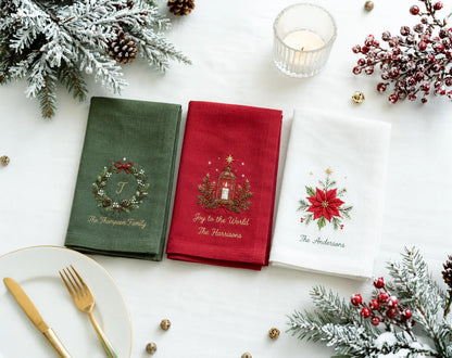 Personalized Christmas Napkins Set of 3, Hand Embroidered Wreath, Lantern & Poinsettia, Custom Family Name Red Green White Holiday Linen Set