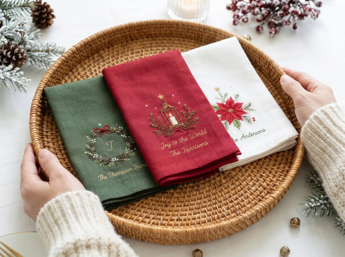 Personalized Christmas Napkins Set of 3, Hand Embroidered Wreath, Lantern & Poinsettia, Custom Family Name Red Green White Holiday Linen Set