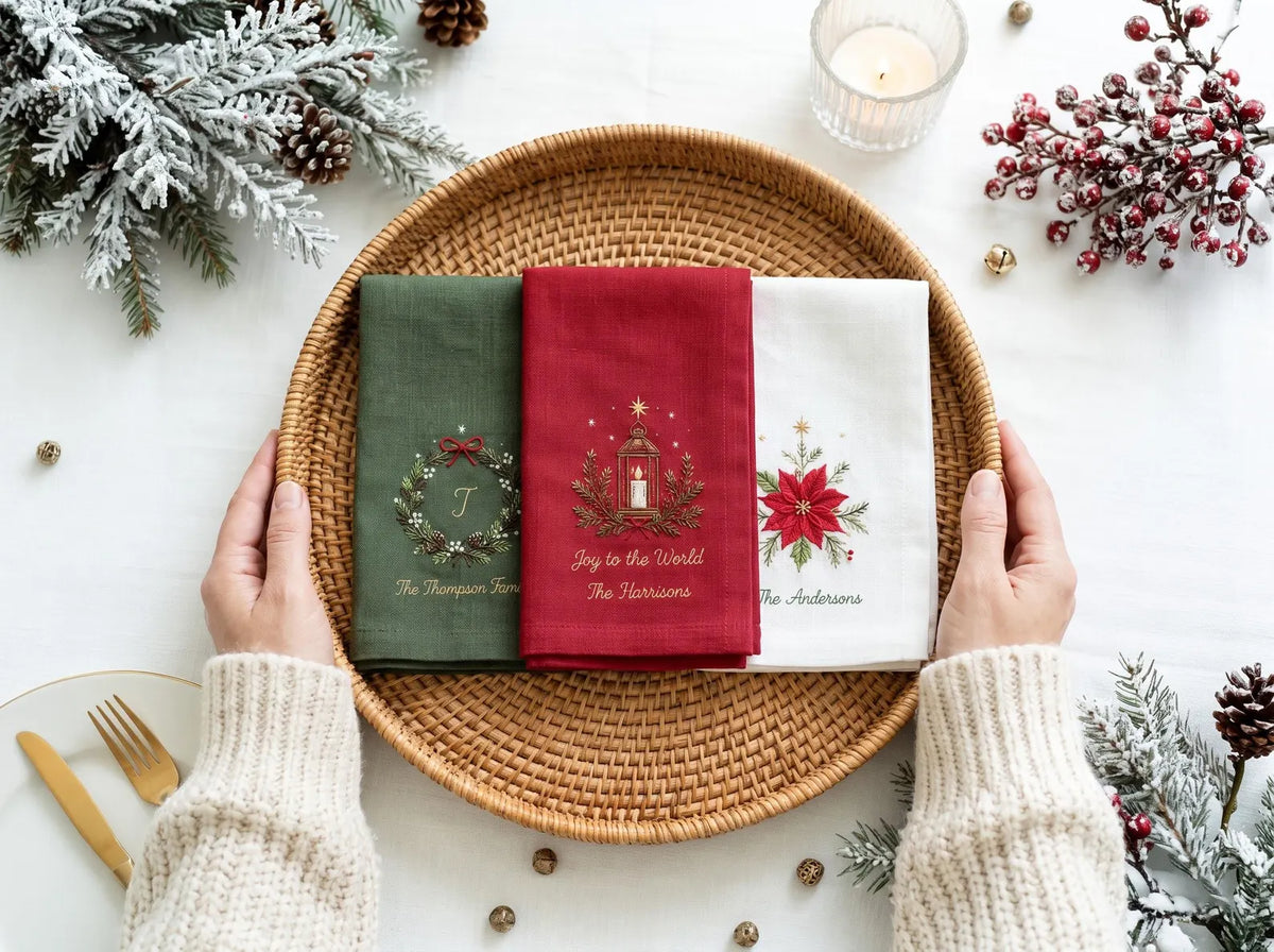 Personalized Christmas Napkins Set of 3, Hand Embroidered Wreath, Lantern & Poinsettia, Custom Family Name Red Green White Holiday Linen Set