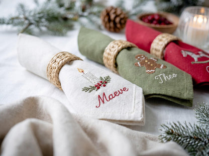 Personalized Christmas Napkins Set of 6, Hand Embroidered Robin, Candle, Gingerbread, Rocking Horse & Gift, Custom Names Linen Holiday Decor