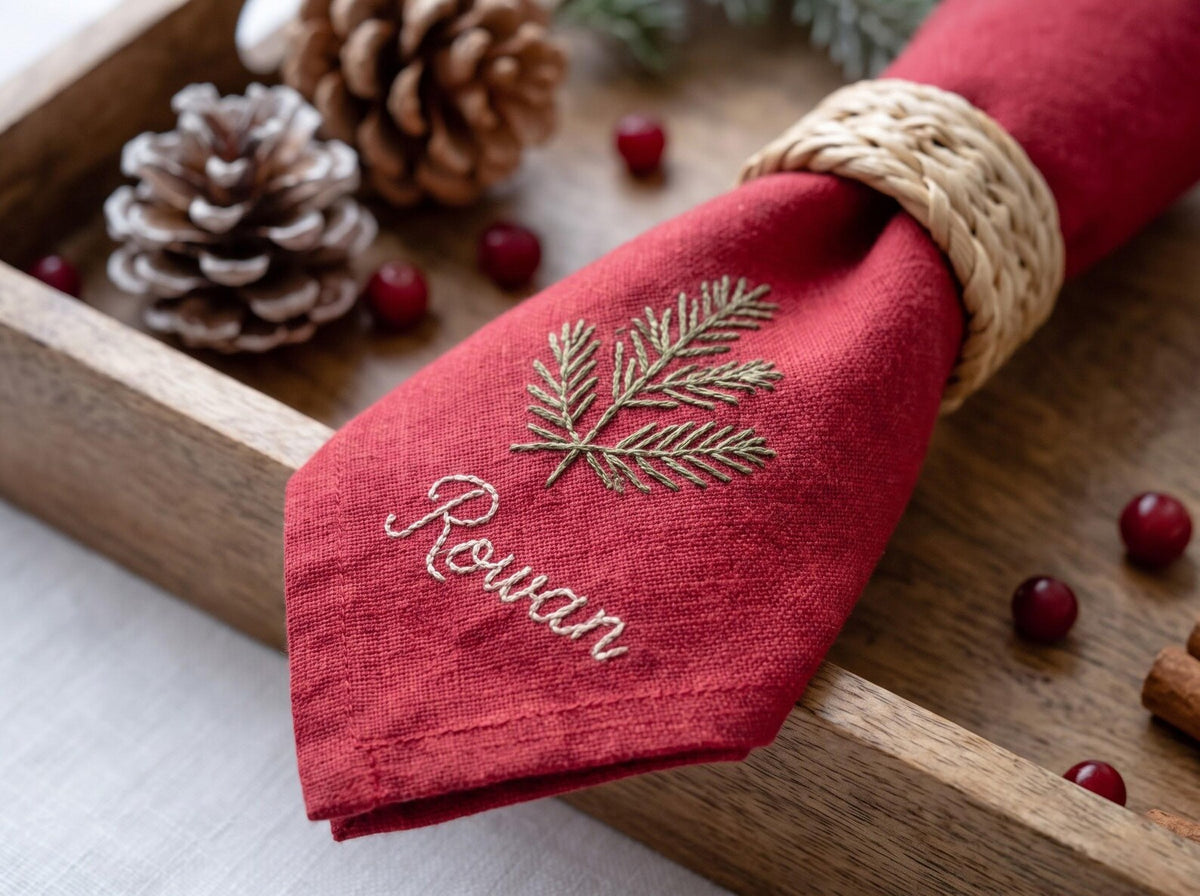 Personalized Christmas Napkins Set of 6, Hand Embroidered Robin, Candle, Gingerbread, Rocking Horse & Gift, Custom Names Linen Holiday Decor