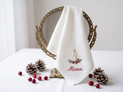 Personalized Christmas Napkins Set of 6, Hand Embroidered Robin, Candle, Gingerbread, Rocking Horse & Gift, Custom Names Linen Holiday Decor