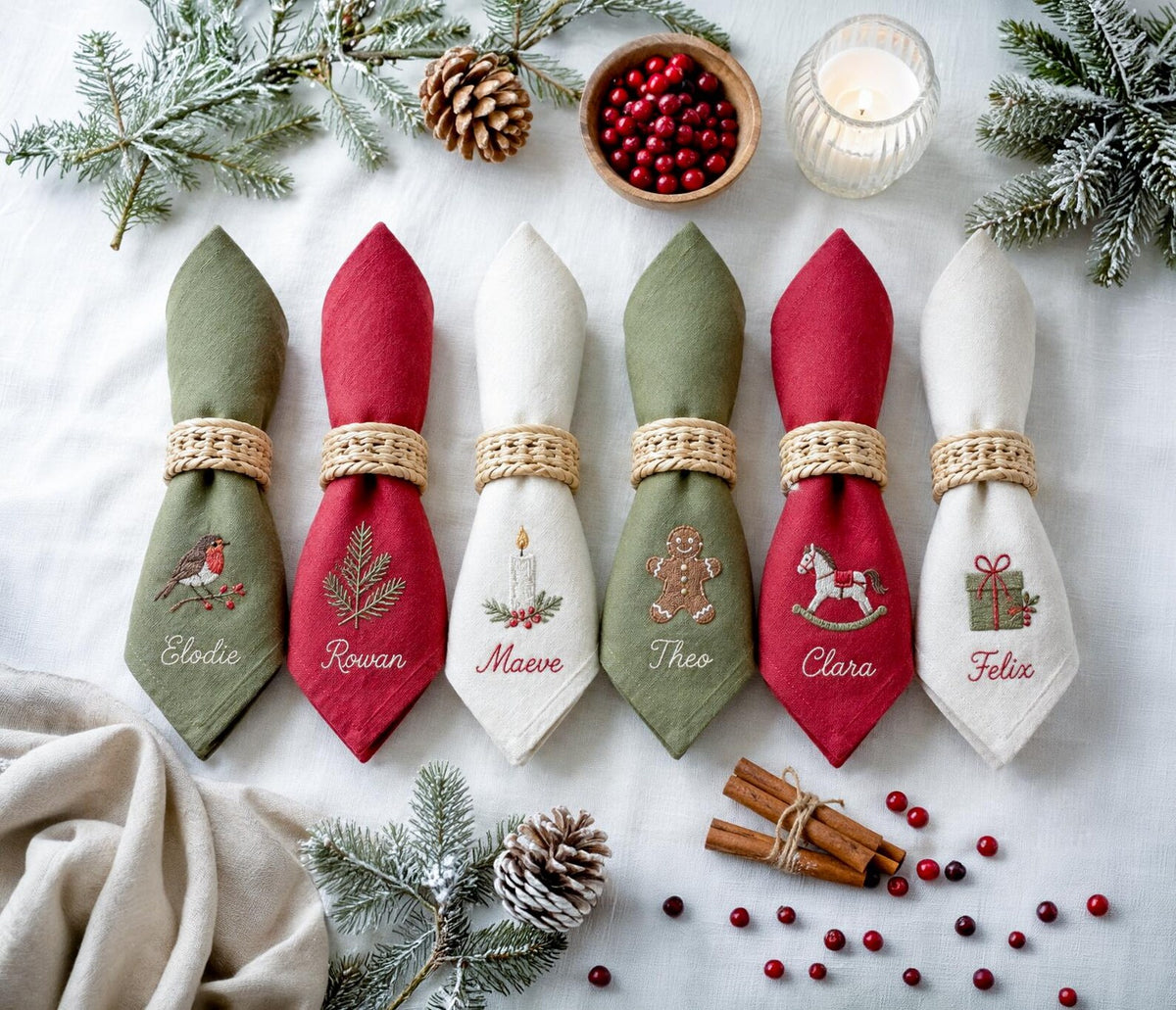 Personalized Christmas Napkins Set of 6, Hand Embroidered Robin, Candle, Gingerbread, Rocking Horse & Gift, Custom Names Linen Holiday Decor