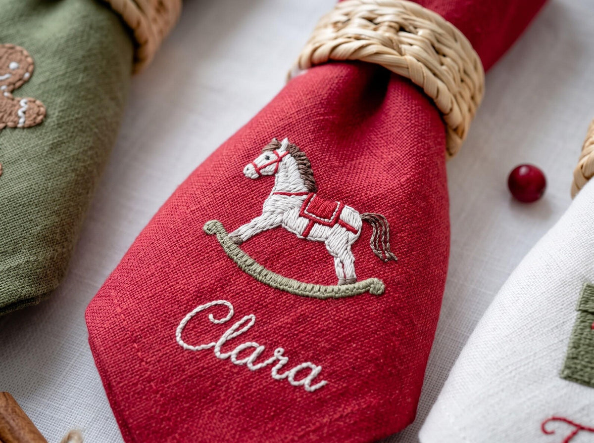 Personalized Christmas Napkins Set of 6, Hand Embroidered Robin, Candle, Gingerbread, Rocking Horse & Gift, Custom Names Linen Holiday Decor