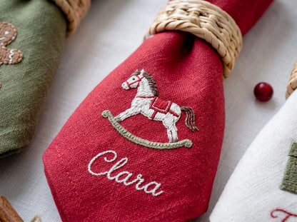 Personalized Christmas Napkins Set of 6, Hand Embroidered Robin, Candle, Gingerbread, Rocking Horse & Gift, Custom Names Linen Holiday Decor