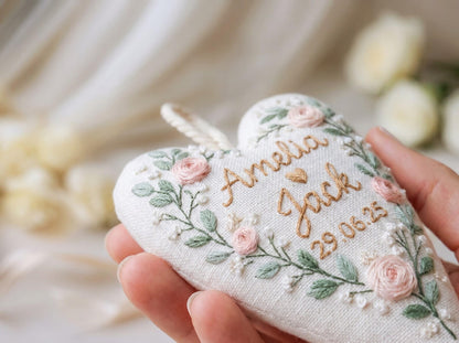 Personalized Wedding Heart Ornament, Hand Embroidered Pink Roses & Greenery, Custom Names Date, Linen Bridal Keepsake Gift, Keepsake Decor